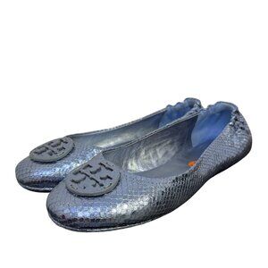 Tory Burch Metallic Blue Logo Flats Snake-Embossed Ballet Style Size 8.5